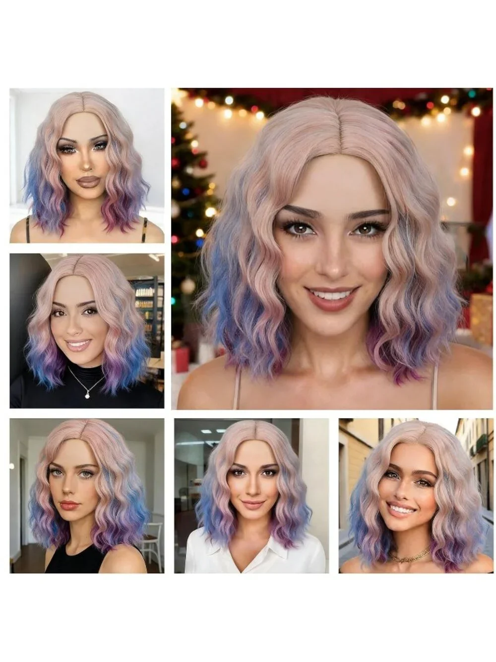 Women's 14 Inch Colorful Wavy Bob Wig Short Curly Synthetic Heat Resistant
